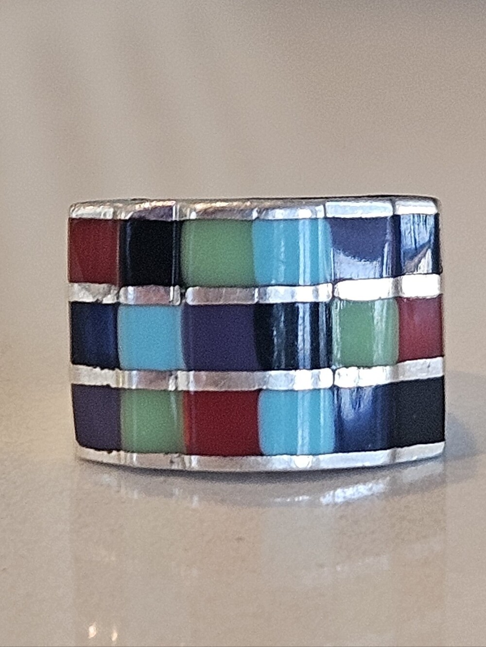 Vintage Southwestern FAS 925 Multicolor Inlay Sterling Silver Wide Band Ring